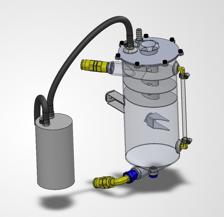 CAD render of the dry-sump oil reservoir and catch can