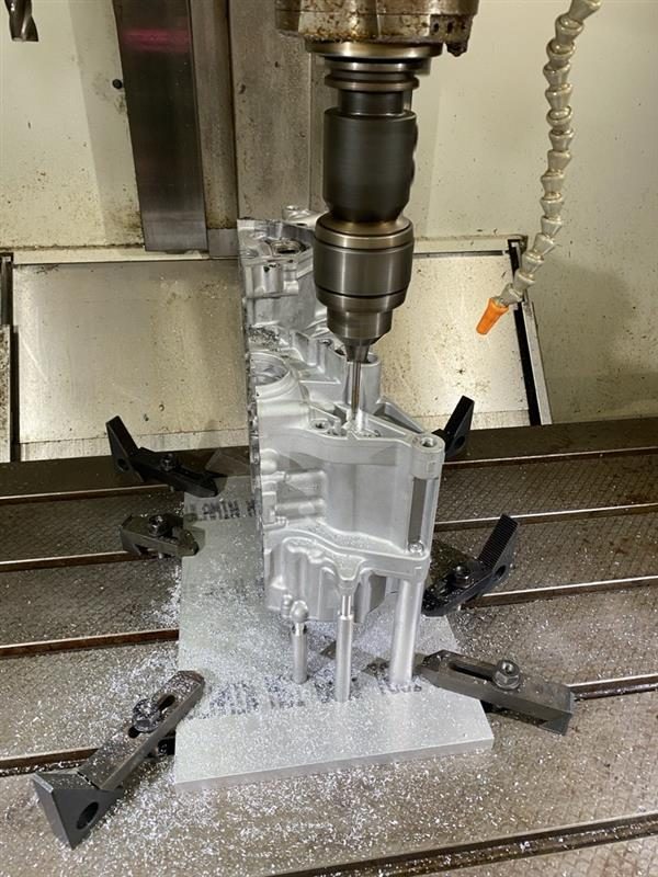 Engine case fixtured on the mill